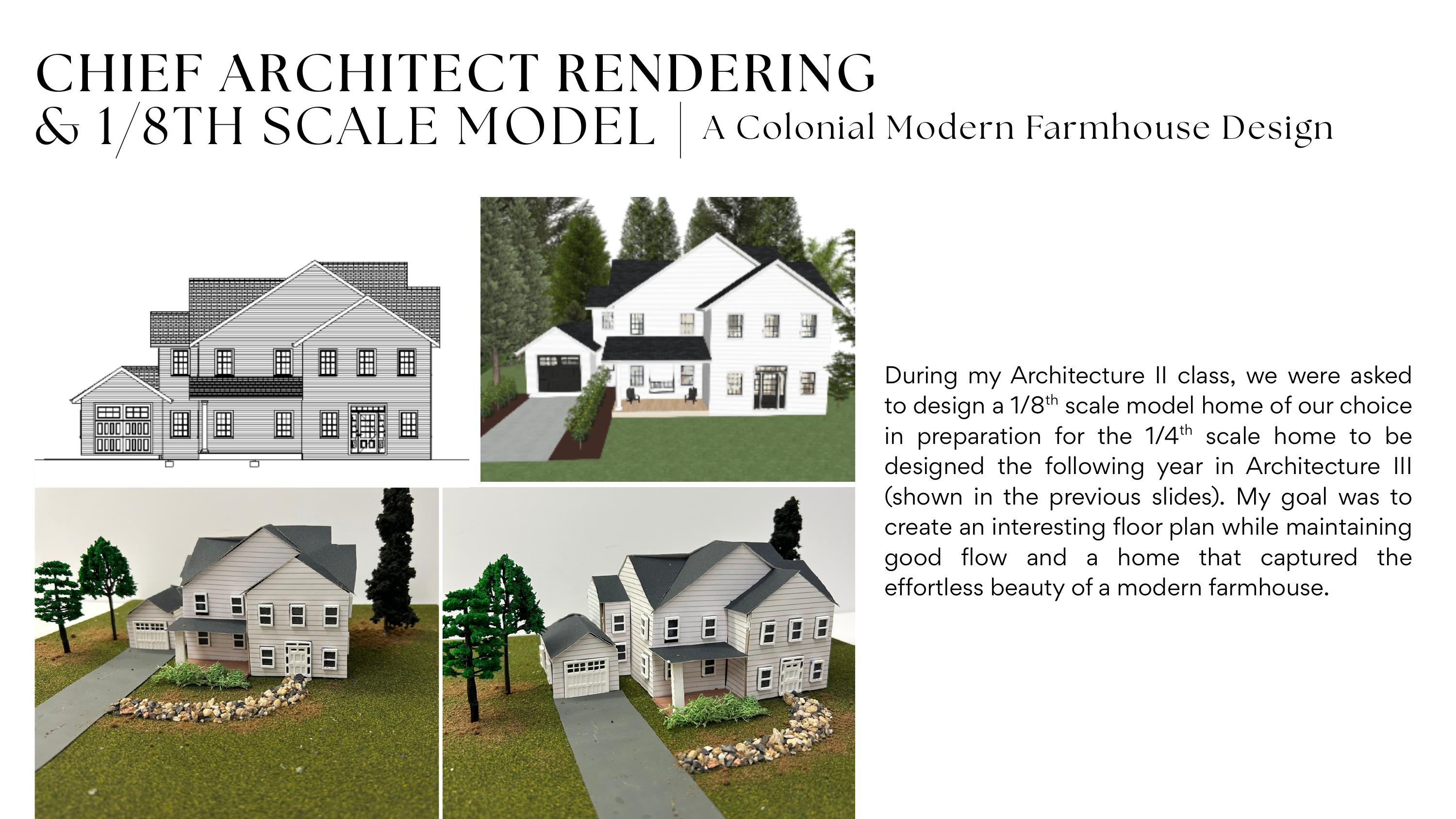Colonial Modern Farmhouse CAD render and 1/8-scale model showing board-and-batten siding