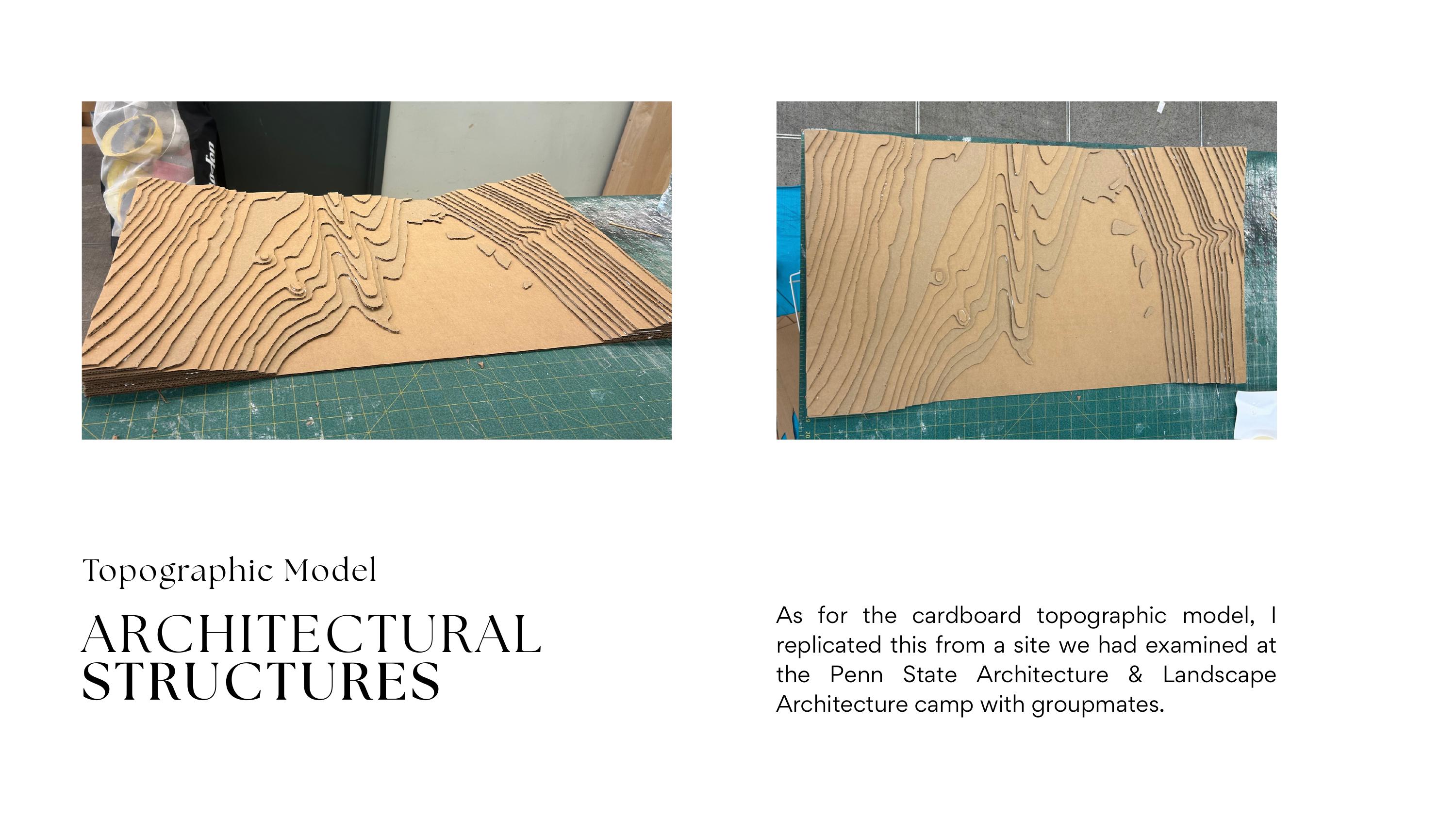 Cardboard topographic site model and graphite axonometric drawing from Penn State Architecture camp