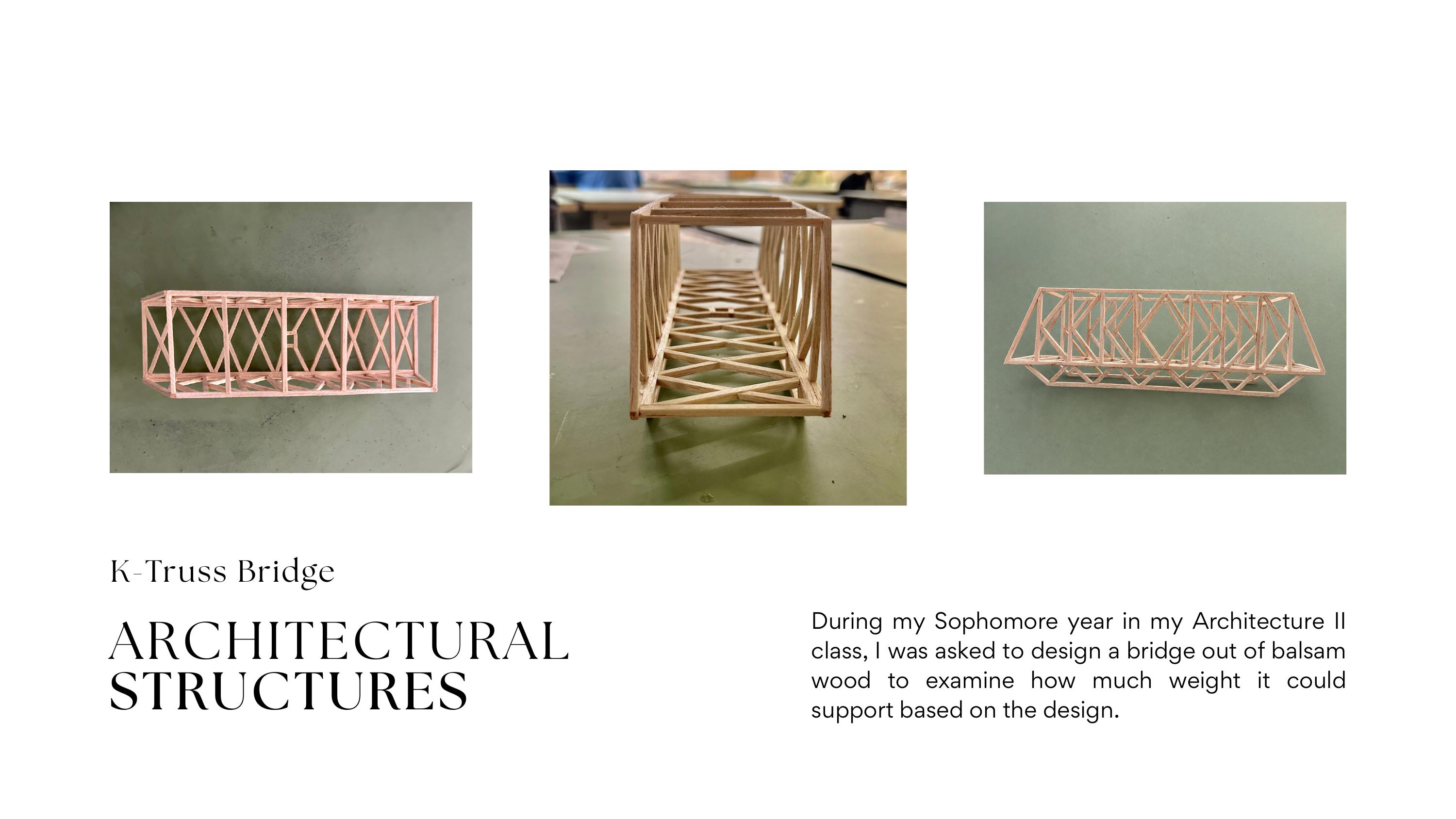 K-Truss balsa wood bridge top, front, and side views